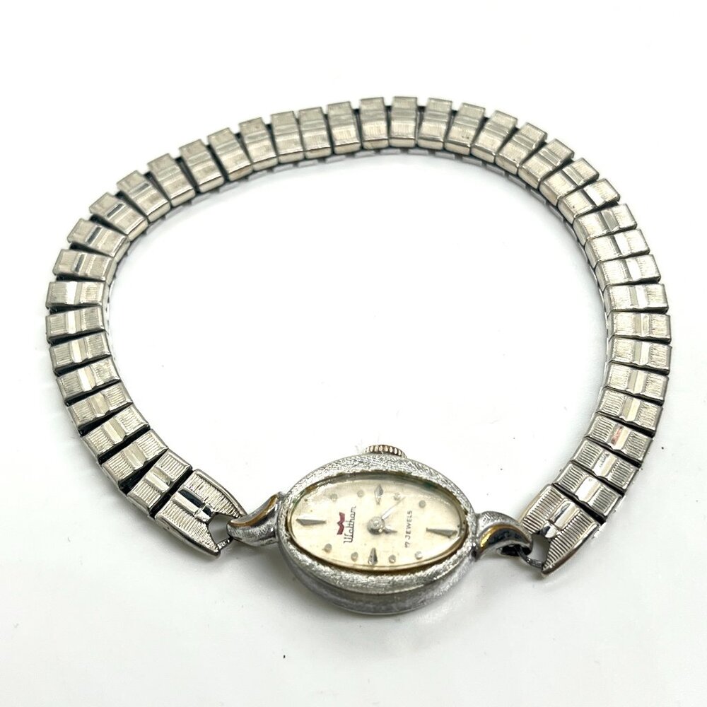 VINTAGE WALTHAM 17J Ladies Oval Watch Silver Tone Stretch Bracelet AS IS READ